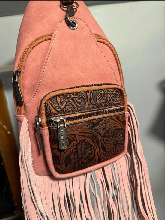 Montana West Handbags - Montana West Pink Suede Fringe Crossbody with Tooled Brown Leather Pocket